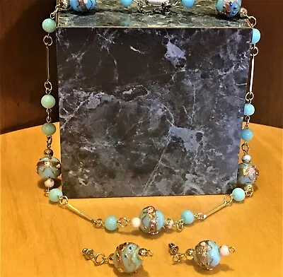 Italy 925 Venetian Murano Pink Blue Wedding Cake Glass Beads Necklace & Earrings • $165