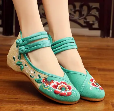 £14.29 • Buy Women Embroidery Floral Chinese Shoes Hidden Wedge Heel Retro Pumps Round Toe