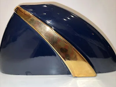 Vintage Mid Century Modern Navy Blue 18k Gold Ceramic Hollywood Regency Vase. • $54