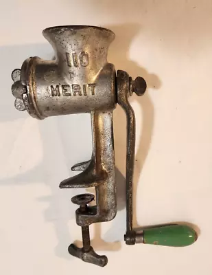 Vintage Merit 110  Meat Grinder With Table Clamp Green Wood Crank Handle • $14.99