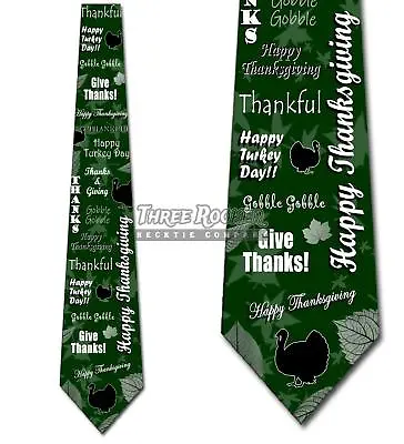 Happy Thanksgiving Turkey Leaves Collage- Hunter Green - Mens Tie New • $18.75