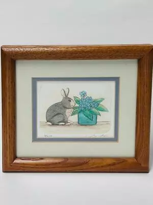£19.61 • Buy Susan Shepard Signed Framed Ltd Edition Etching BUNNY RABBIT W/ Blue Flowers