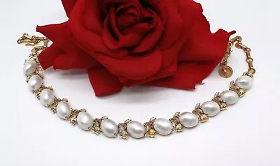 Vintage Lisner Faux Pearl Rhinestone  Gold Tone  16   Necklace CAT RESCUE • $21.99