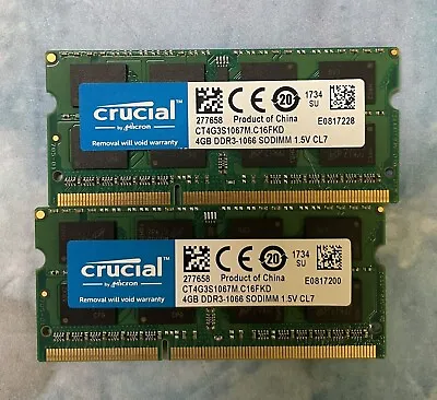 Crucial 8GB 2x4GB PC3-8500 DDR3 1066MHz Memory For MacBook Pro • $18.99