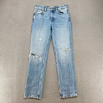 Zara Straight Leg Jeans Womens 4 Mid Rise Distressed Button Fly 100% Cotton • $20.66