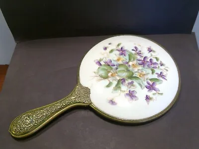 Vintage Porcelain Hand Painted Violets Brass Victorian Beveled Glass Hand Mirror • $64.99