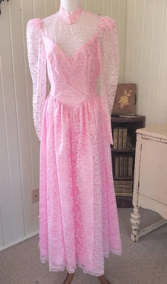 £128.33 • Buy Victorian Lace S Handmade Dress Pink Sheer Yoke Fitted Bridesmaid Prom Long Maxi
