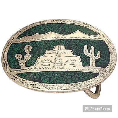 Taxco Arenas Mexico Sterling Silver 1960s Aztec Temple Design Art Belt Buckle • $195