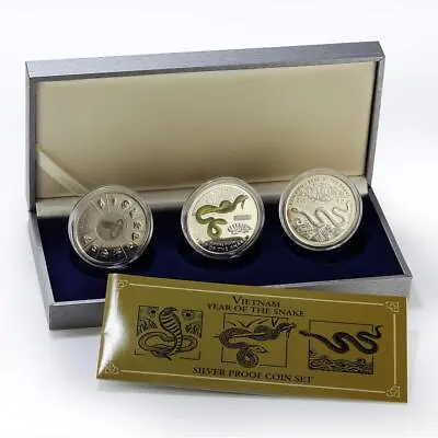 Vietnam Set Of 3 Coins Lunar Calendar Year Of The Snake Proof Silver Coins 2001 • $699.03