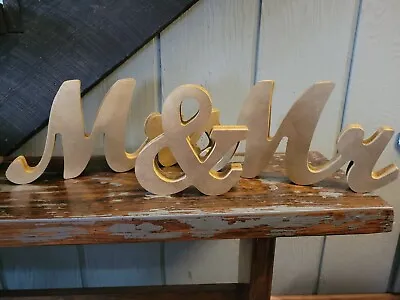 Mr & Mrs Wooden Gold Wedding Props Signs 6  High Heavy Solid Table Decor  • $7.49