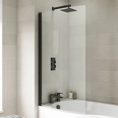 Nuie Pacific Matt Black Profile P-Shaped Hinged Bath Shower Screen 6mm Glass • £109.95