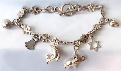 Vintage Israel Solid 925 Silver Bracelet / Hamsa / David Star / Heart / Dolphin • $74