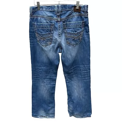 Buckle BKE Tyler Straight Leg Jeans Mens 34R 34x31 Blue Distressed Thick Stitch • $23.67