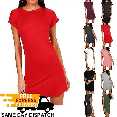 Ladies Womens Turn Up Sleeve Longline Oversized Curved Hem Tunic T-Shirt Dress • £6.99