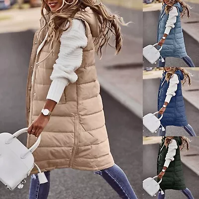 Womens Vest Coat Hooded Long Waistcoat Down Quilted Sleeveless Warm With Pockets • £37.34