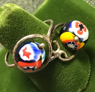 Lot Of 2 Vintage Millefiori Glass Rings Sterling Silver Wire Size 8 Adjustable • $17.99