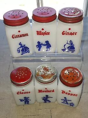 VTg. McKee SET 6 MILK GLASS DUTCH THEME SPICE JARS SHAKERS W/5 Original Labels  • $49.99