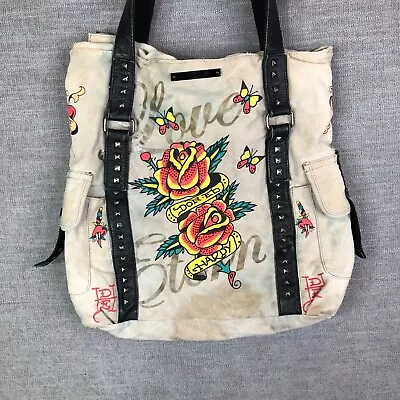 Ed Hardy Tote Bag Womens 16x17 Beige Handbag Embellished Roses Embroidered • $29.99