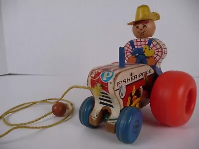 VINTAGE Fisher Price Farmer On Tractor Pull Toy 629 1961 Original Wood Good Cond • $25