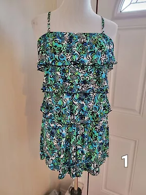 A Shore Fit Blue Green Black Floral One Piece Swimsuit Romper Jumpsuit Size 10 • $20