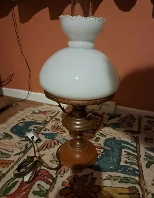 Vintage Electric Converted Oil Lamp Opaline Shade Glass Chimney Lamp Large Brass • £29
