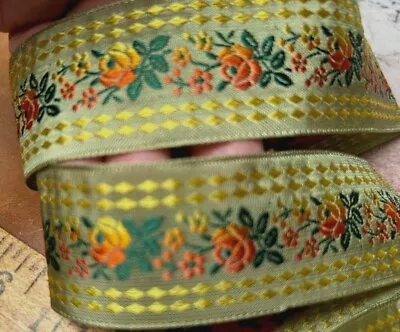 Vintage Embroidered 1 3/8  Rayon Silk 1940s Jacquard Ribbon 1yd Made In France • $19.29