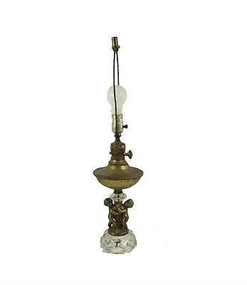 $129.95 • Buy Vintage Antique Brass Cherub Crystal Hollywood Regency Table Lamp Light Patina