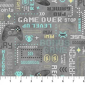 Gaming Zone Fabric BTY Video Game Words Gray 24571-94 Cotton  • $15.75