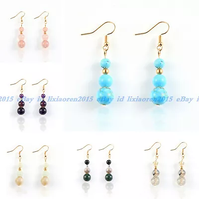 6-8-10mm Multiple Natural Gemstone Round Beads Dangle Hook Earrings • $4.39