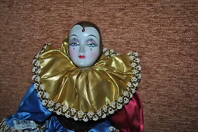 VTG New Orleans Mardi Gras Porcelain Doll Pierrot  Jester 15 H GIRL  Gold Accent • $17.59