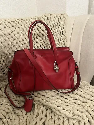 Alexander McQueen Red Calfskin Leather Small Skull Padlock Zip Tote Bag • $400