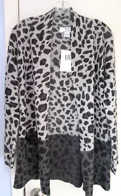 Magaschoni Cashmere Gray/Black Animal Print Pockets Open Front Long Cardigan L • $57.99