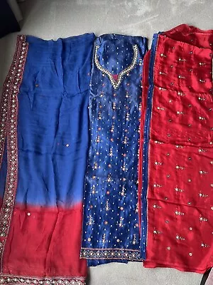 Indian Unstitched Salwar Kameez Punjabi Suit - Embellished Blue+red • £5