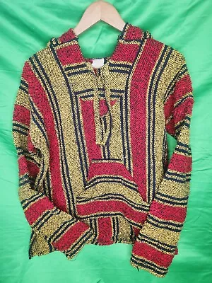 VEL MEX Mexican Hoodie Drug Rug Blanket Striped Pullover Hood Pockets  Pancho L • $10