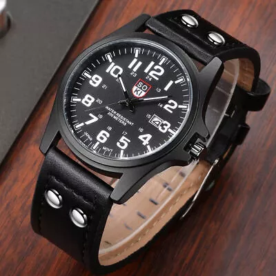 £4.07 • Buy Men Military Leather Date Quartz Analog Army Wrist Watch Casual Dress Watches