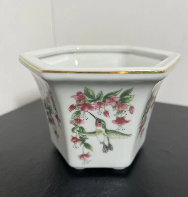 $28 • Buy Vintage Multiple Sided Planter Pot White Glazed Hexagon Bird Flowers 4” X 5”