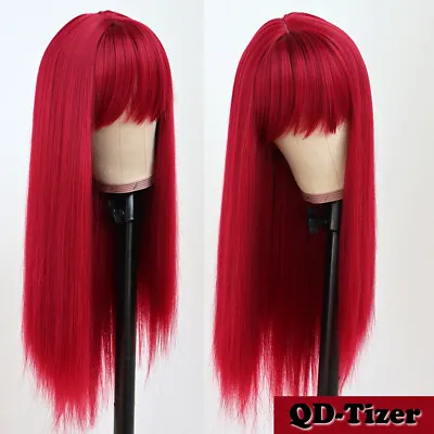 $20.40 • Buy Long Silk Straight Red Hair Wig Heat Resistant Synthetic Wigs Full Bangs Cosplay