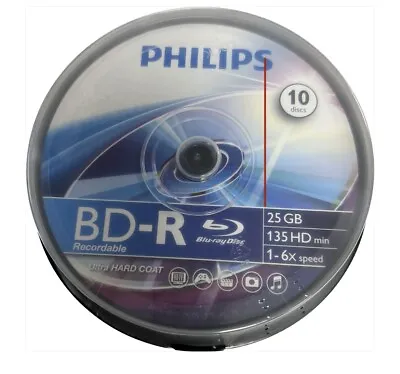 £11.99 • Buy 10 Philips BD-R BR2S6B10F/00 Bluray 25GB 6x 135 Mins Blank Disc BDR