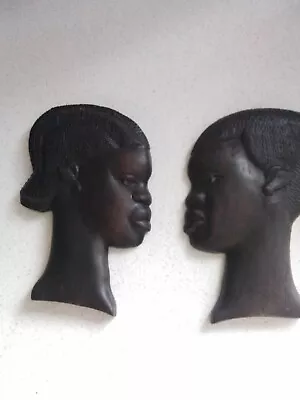 Vintage Pair Wooden African Tribal Art Hand Carved Wooden Heads Wall Hangings • £3