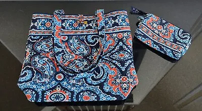 VERA BRADLEY Quilted Blue/Orange MARRAKESH Print Shoulder Tote/Bag & Zipper Bag • $28