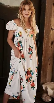 BN Free People Linda Lou White Poplin Dress - Puff Sleeves Floral Summer - Large • £75