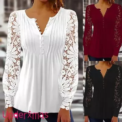 £14.19 • Buy Women V Neck Lace Long Sleeve Tops Button Up Ladies OL Work Casual Blouse Shirt