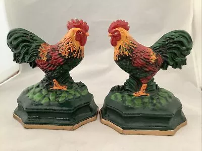 Vtg Pair Cast Iron Rooster Chicken Door Stop Bookend Multi Color 5.5H”x5 W E4 • $24.95