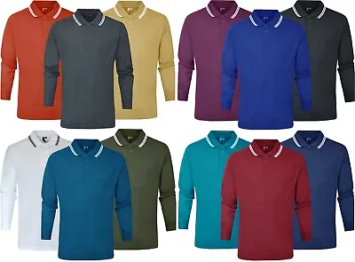 Mens Long Sleeve Polo Shirt Plain Pique Double Tipping Collar Causal Top M - XXL • £9.95