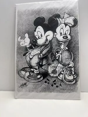 Mickey Mouse Hand Drawn Charcoal Art Piece. Mickey And Minnie. Signed. 17x11. • $55.97