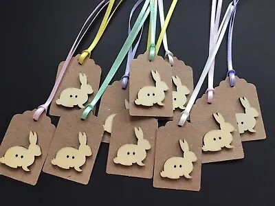 10 Cute Kraft Wooden Button Easter Bunny Rabbit Tags With  Mixed Ribbon  Ties • £2.45