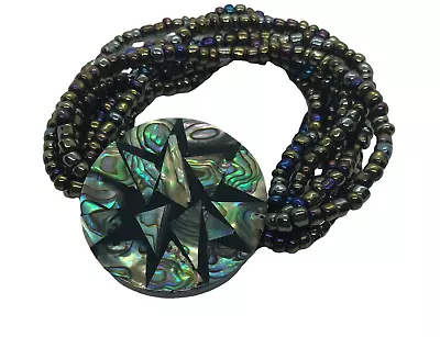 Vintage Stretch Bracelet Glass Beaded Multi Strand Inlaid Abalone Shell Beach • $14.98