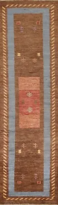 Geometric Brown Modern Gabbeh Runner Rug 2' 7  X 10' 0  Hand-knotted Wool Carpet • $442.78