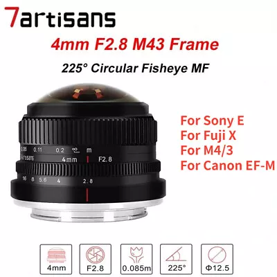 7artisans 4mm F2.8 Fisheye 225° Ultra-wide Angle Lens For Sony Canon Fuji M4/3 • £139