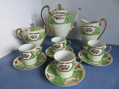 11 Piece Antique Eggshell China Coffee Set In Green & White • £15